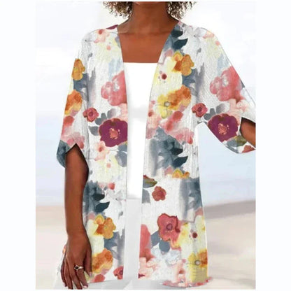 Printed Loose Top Fashion Coat in various vibrant colours, featuring a V-shaped collar and 5/4 sleeves for a modern, stylish look.