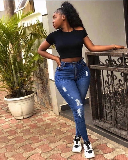 Fashion Holes Jeans Student Trousers in Dark Blue and Light Blue with Distressed Details