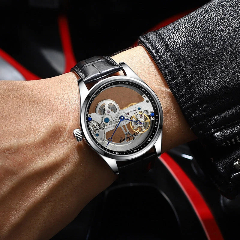 Automatic Hollow Mechanical Watch in various colour options, featuring a self-winding mechanism and premium leather strap