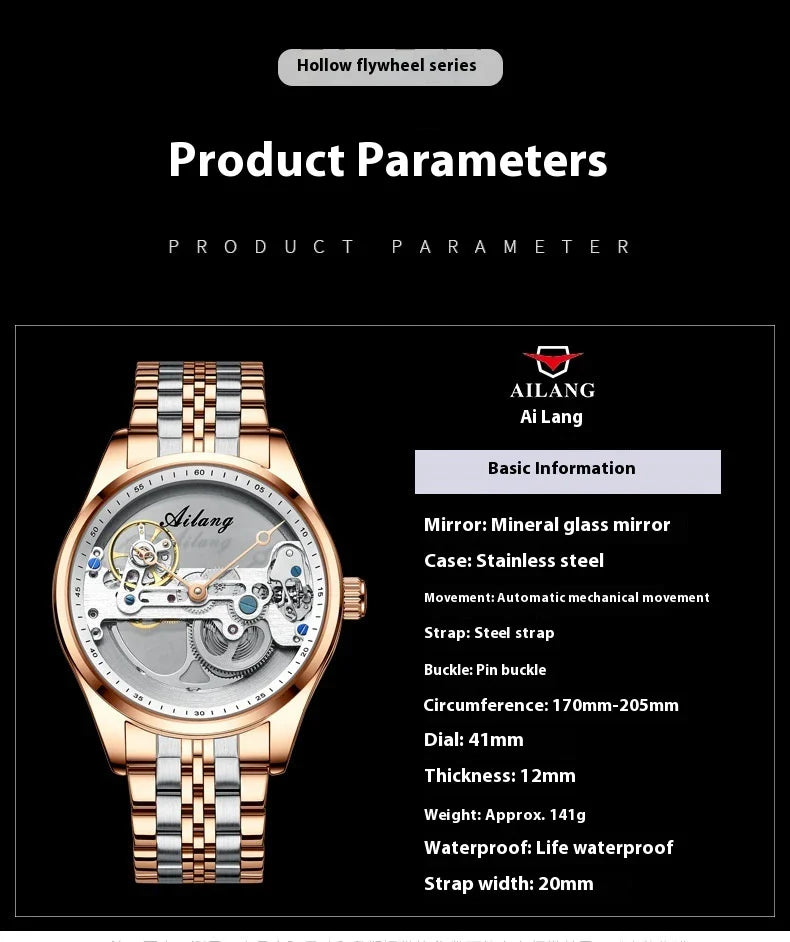 Automatic Hollow Mechanical Watch in various colour options, featuring a self-winding mechanism and premium leather strap