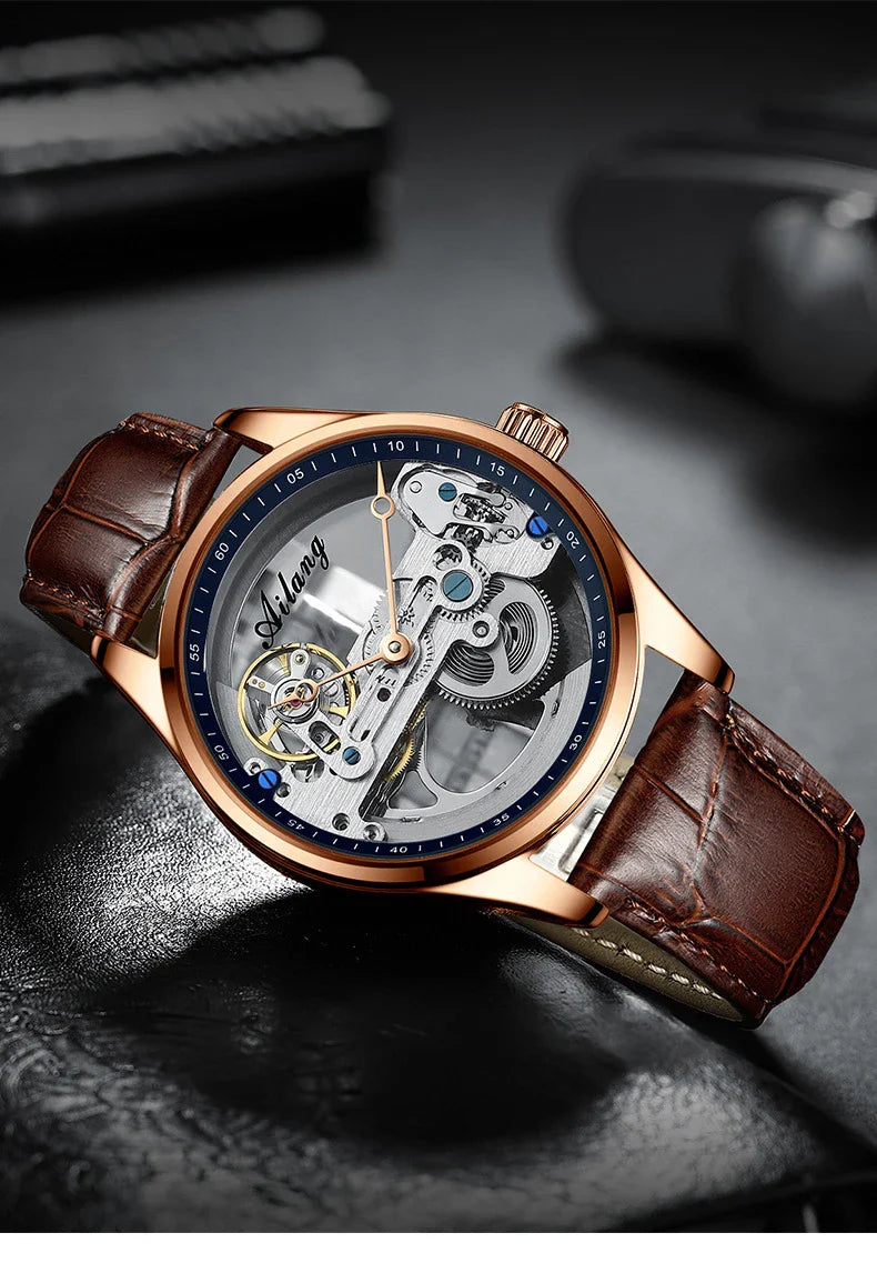 Automatic Hollow Mechanical Watch in various colour options, featuring a self-winding mechanism and premium leather strap