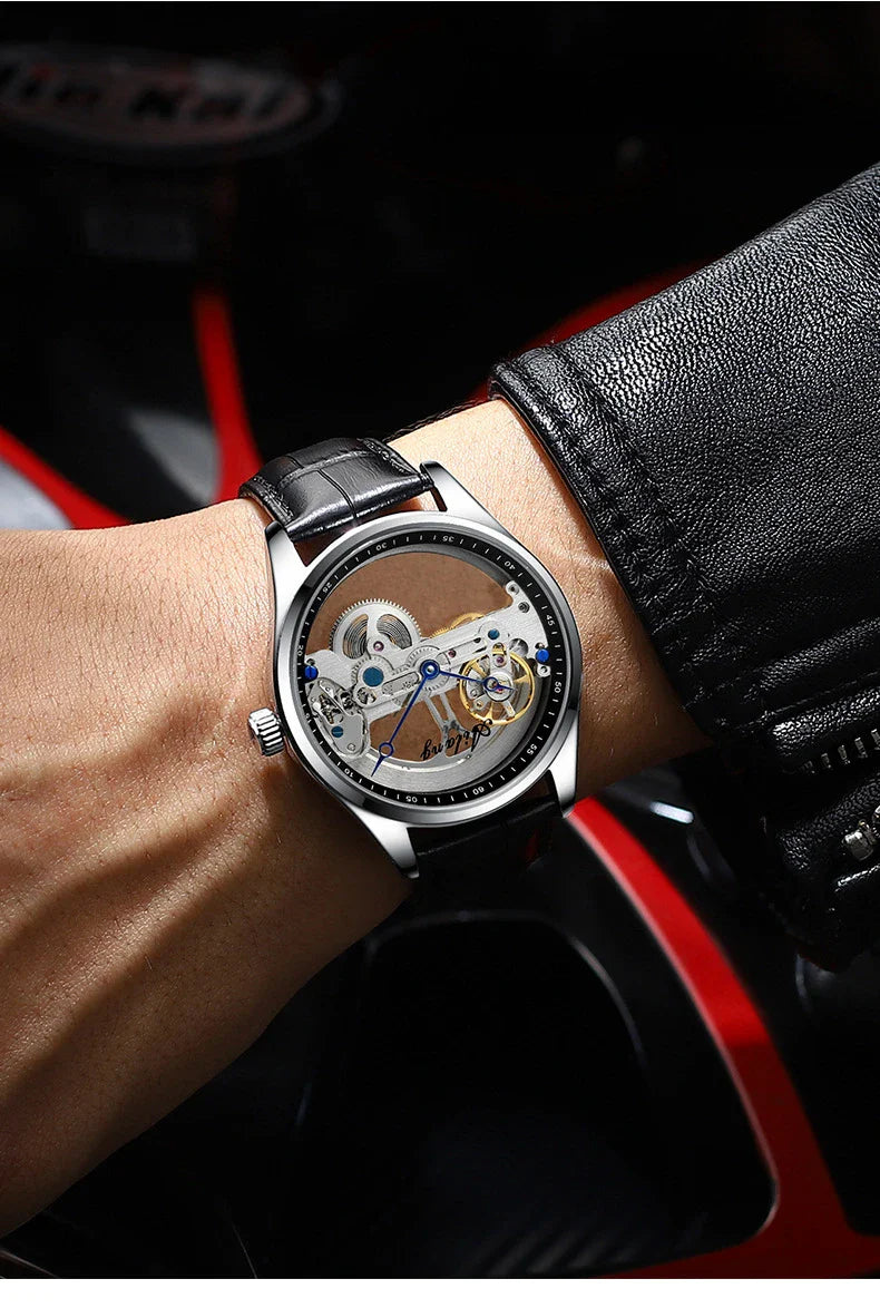 Automatic Hollow Mechanical Watch in various colour options, featuring a self-winding mechanism and premium leather strap