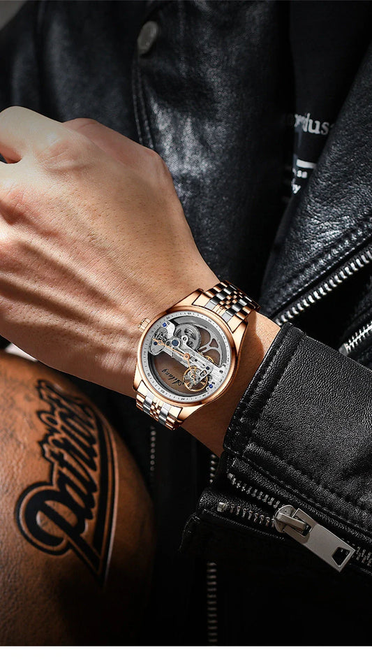 Automatic Hollow Mechanical Watch in various colour options, featuring a self-winding mechanism and premium leather strap