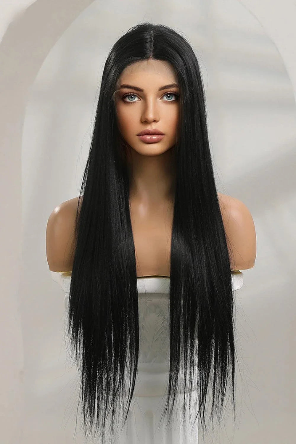 A high-quality 13*2" lace front straight synthetic wig in black, 26" long with 150% density