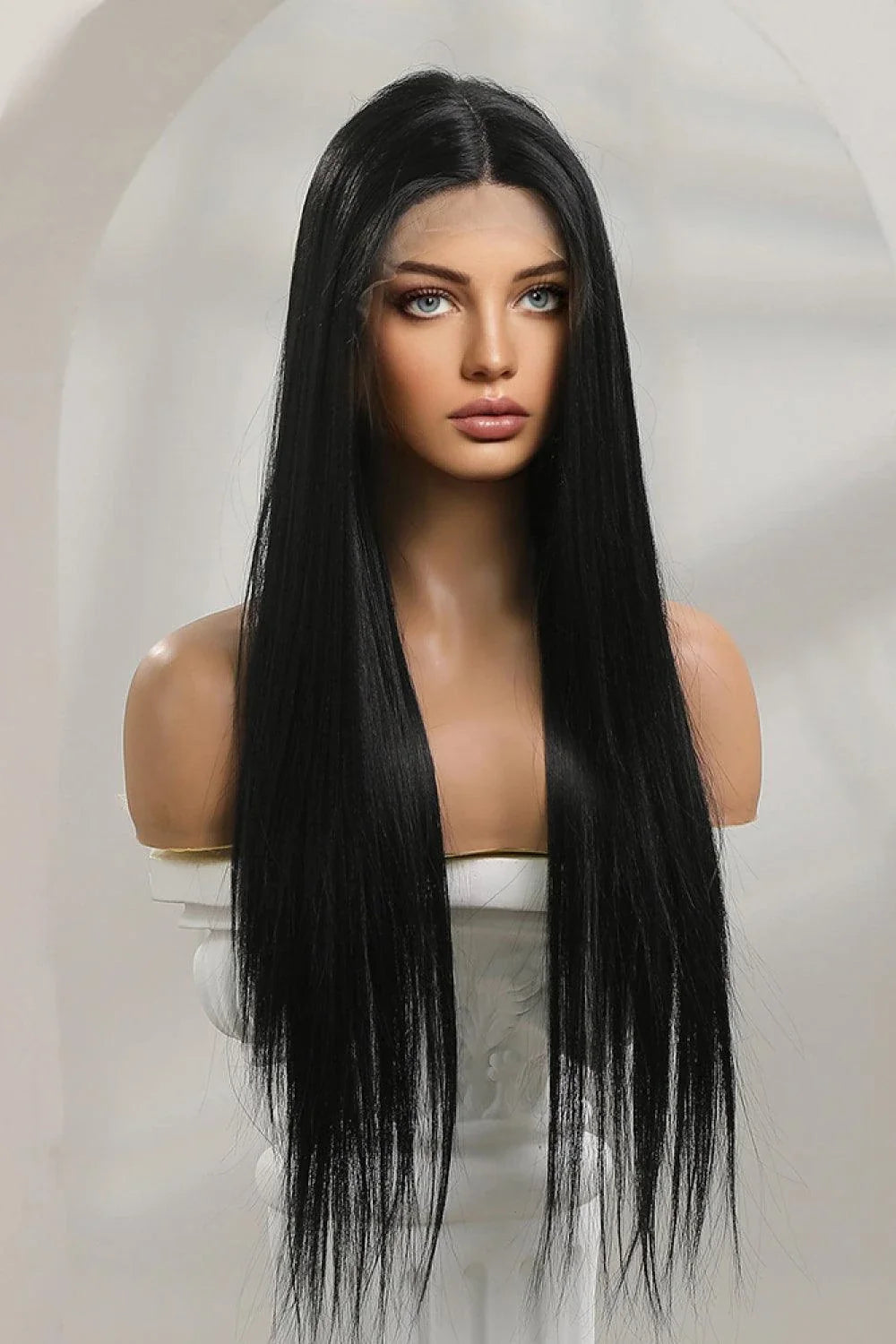 A high-quality 13*2" lace front straight synthetic wig in black, 26" long with 150% density