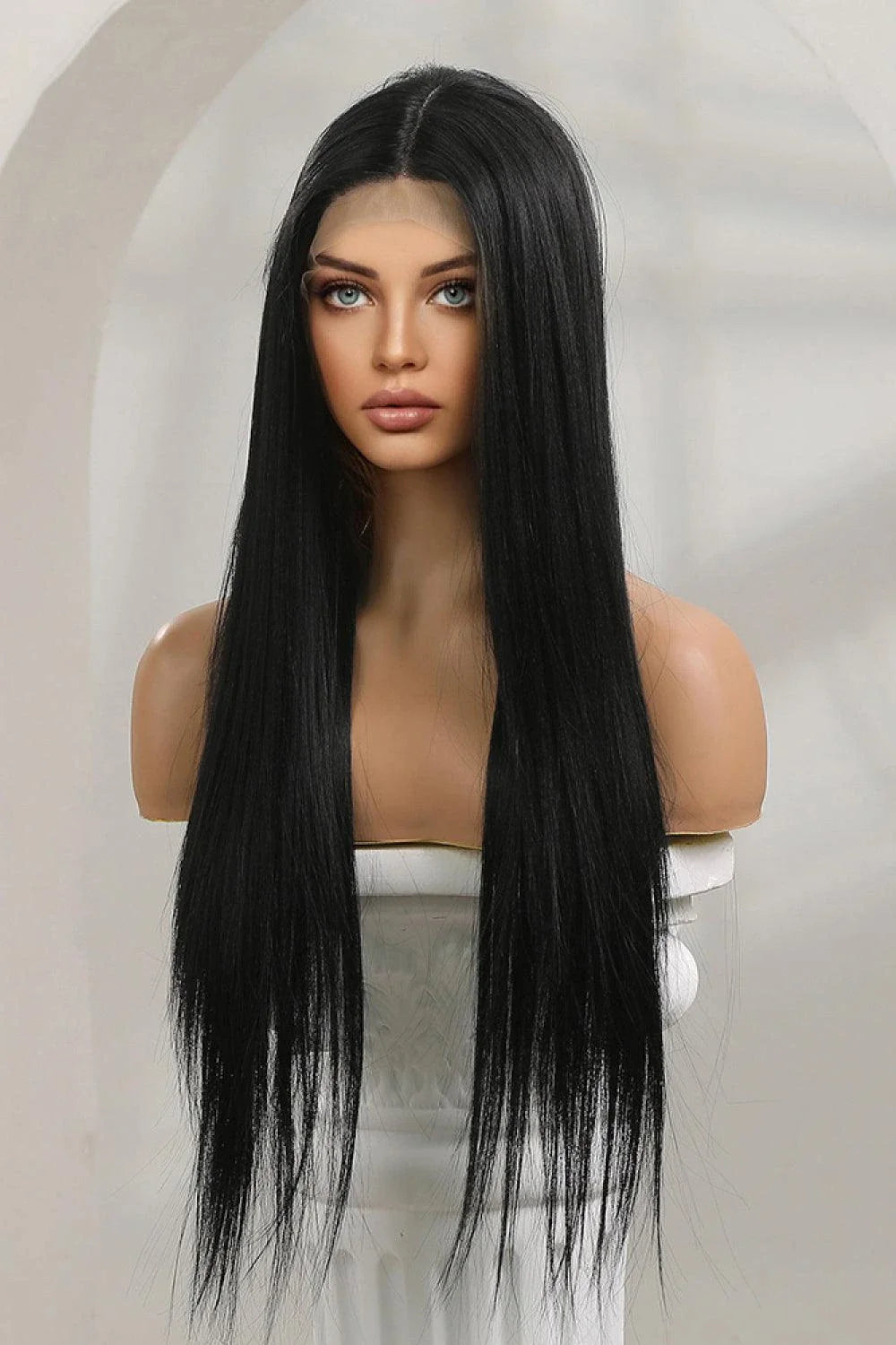 A high-quality 13*2" lace front straight synthetic wig in black, 26" long with 150% density