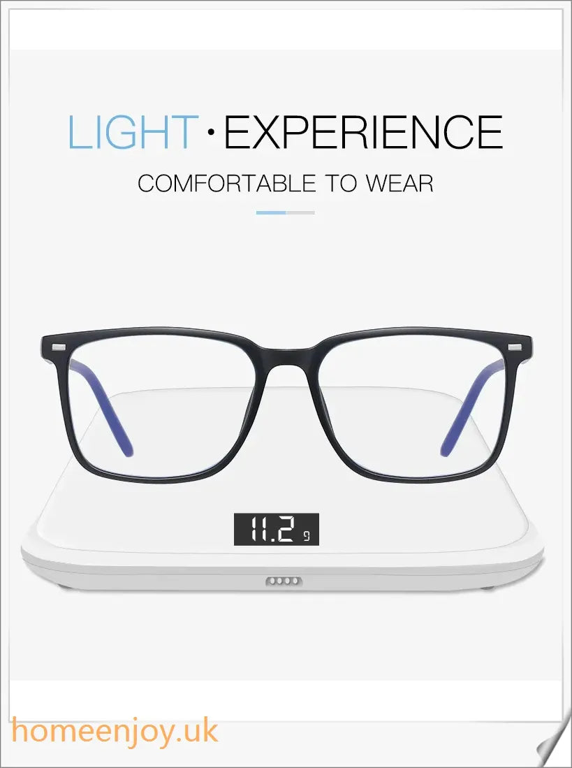Bluelight reduction glasses with various frame colours including matte black, transparent, and leopard print