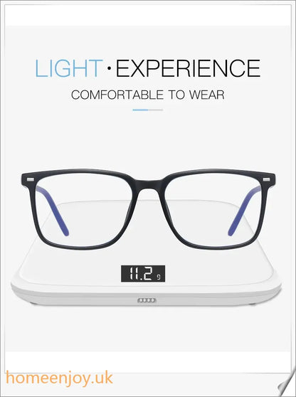 Bluelight reduction glasses with various frame colours including matte black, transparent, and leopard print