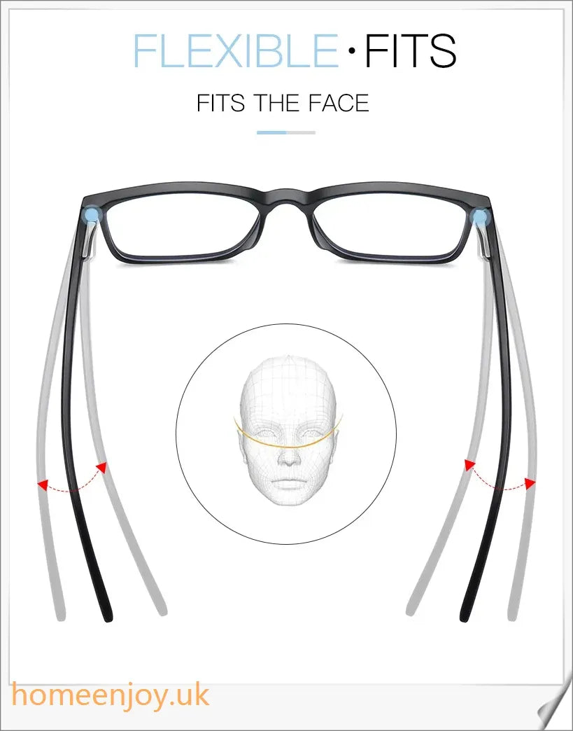 Bluelight reduction glasses with various frame colours including matte black, transparent, and leopard print
