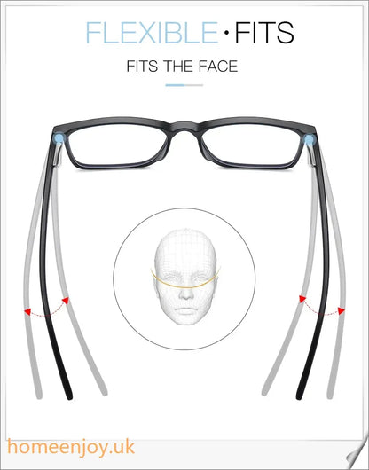 Bluelight reduction glasses with various frame colours including matte black, transparent, and leopard print