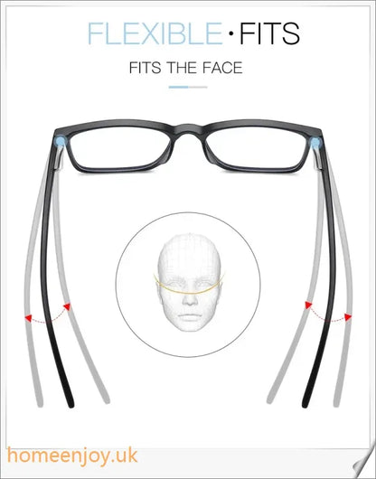 Bluelight reduction glasses with various frame colours including matte black, transparent, and leopard print