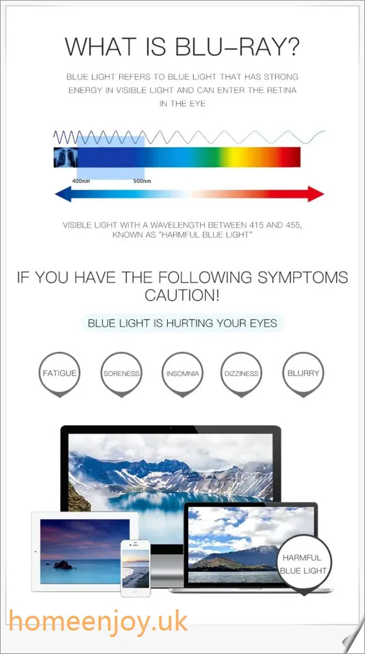 Bluelight reduction glasses with various frame colours including matte black, transparent, and leopard print