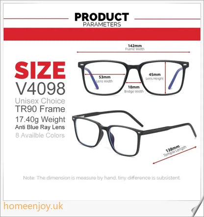 Bluelight reduction glasses with various frame colours including matte black, transparent, and leopard print