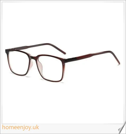 Bluelight reduction glasses with various frame colours including matte black, transparent, and leopard print