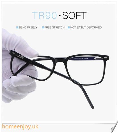 Bluelight reduction glasses with various frame colours including matte black, transparent, and leopard print