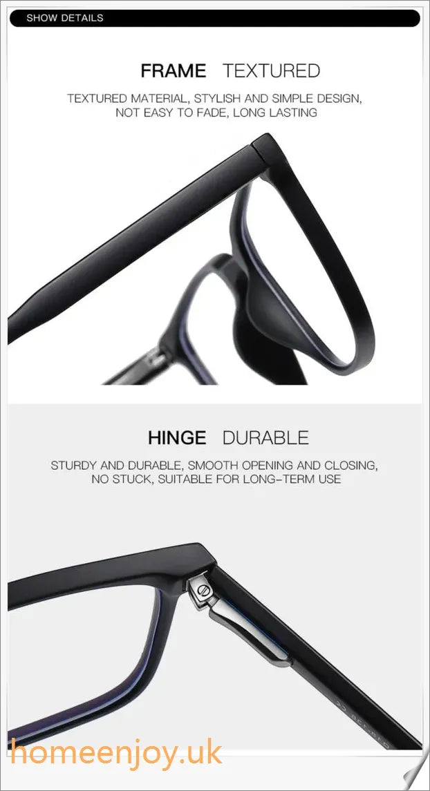 Bluelight reduction glasses with various frame colours including matte black, transparent, and leopard print