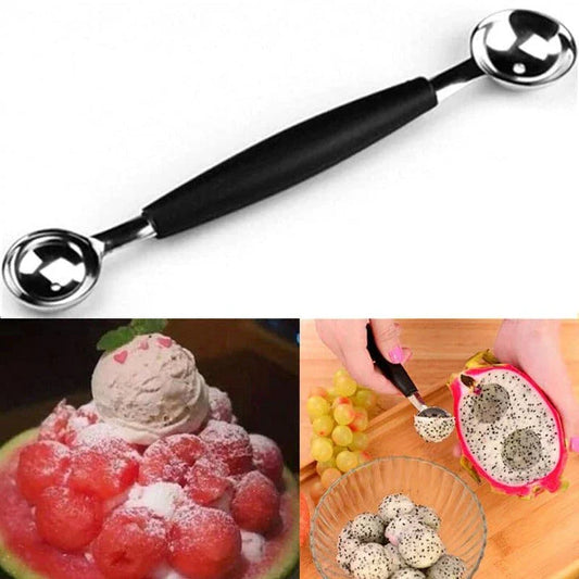 A premium double-ended stainless steel fruit carving scoop for creating intricate, Instagram-worthy culinary displays