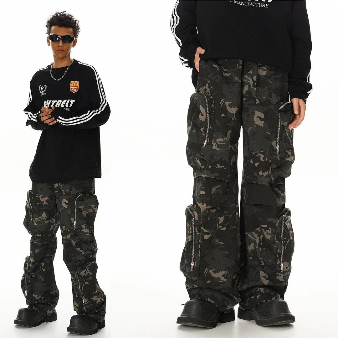 New American Jungle Camouflage Amekaji Multi-Pocket Design Casual Wide-Leg Workwear Trousers