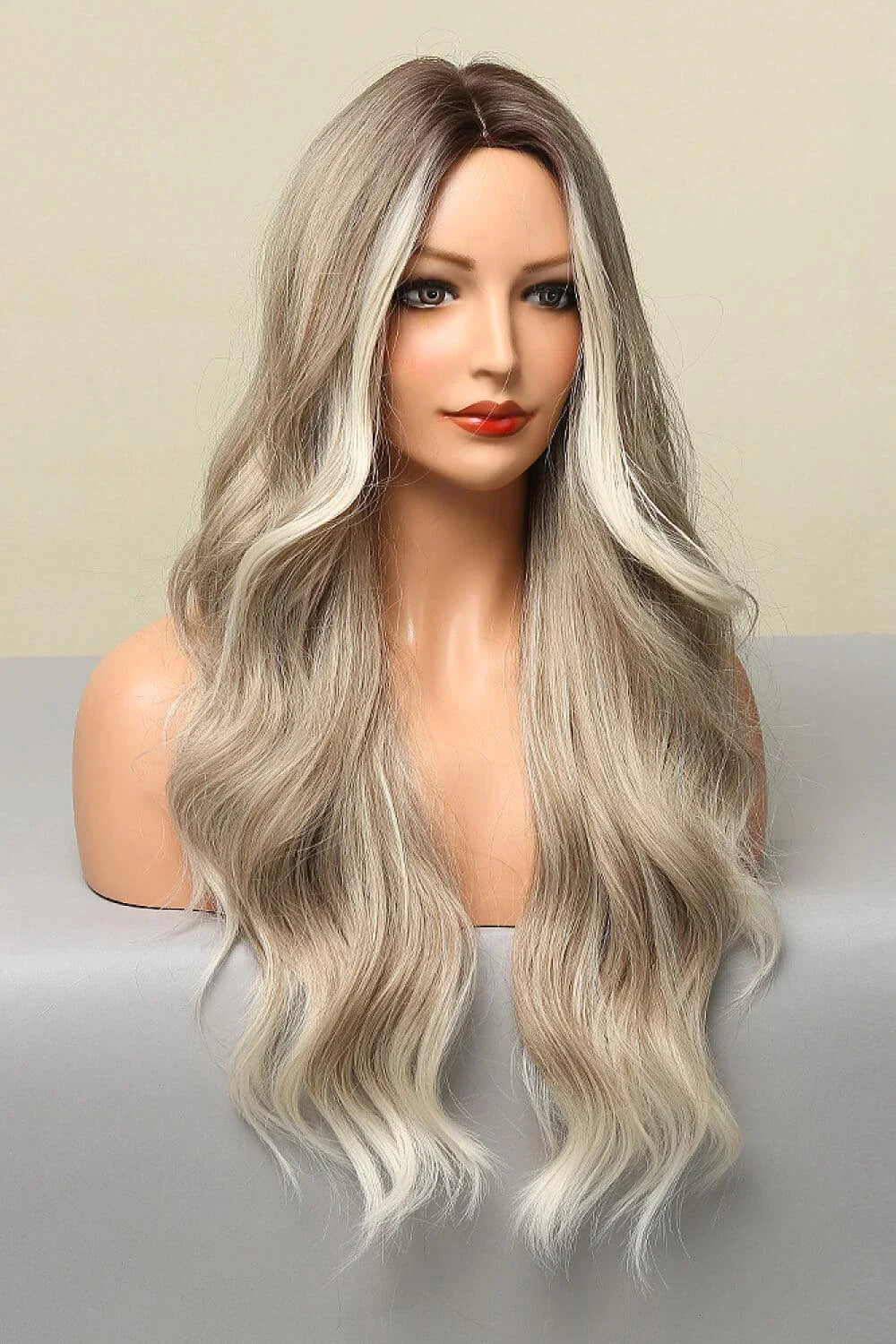 Elegant synthetic long wave wig with a striking silver/gray color and luxurious texture