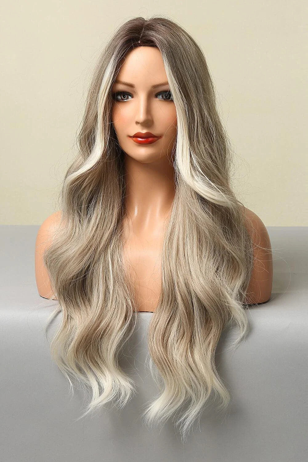 Elegant synthetic long wave wig with a striking silver/gray color and luxurious texture
