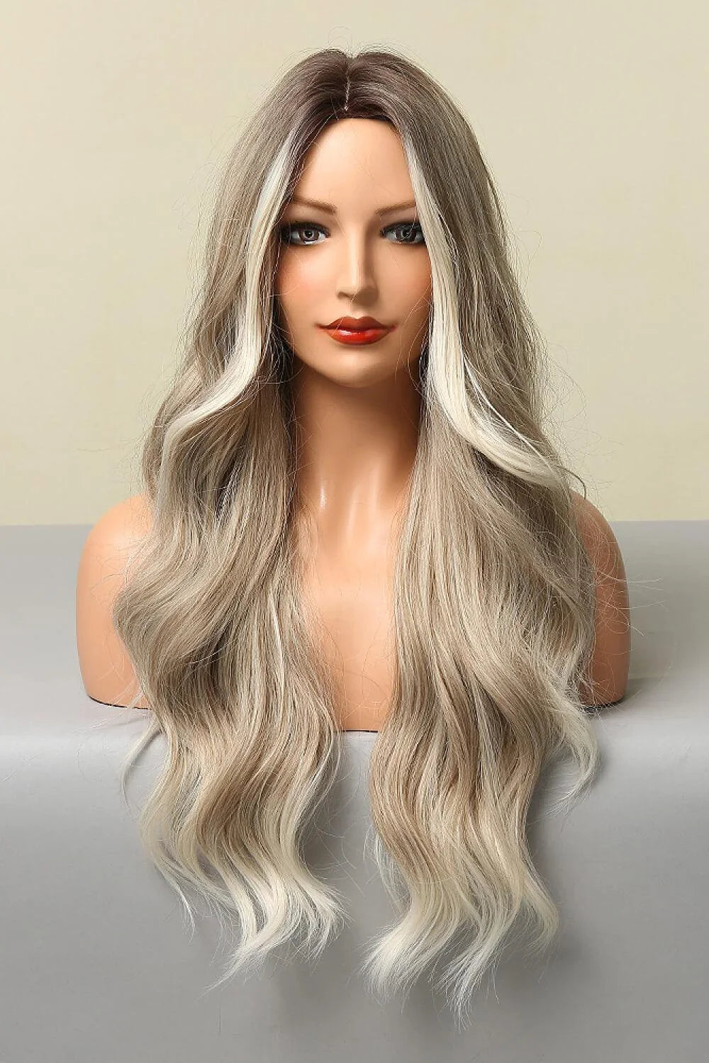 Elegant synthetic long wave wig with a striking silver/gray color and luxurious texture