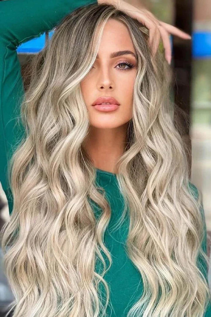Elegant synthetic long wave wig with a striking silver/gray color and luxurious texture