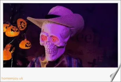 A pair of animated skeleton figures playing duelling banjos with glowing eyes, perfect for Halloween decor.
