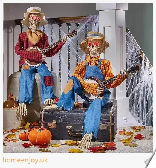 A pair of animated skeleton figures playing duelling banjos with glowing eyes, perfect for Halloween decor.