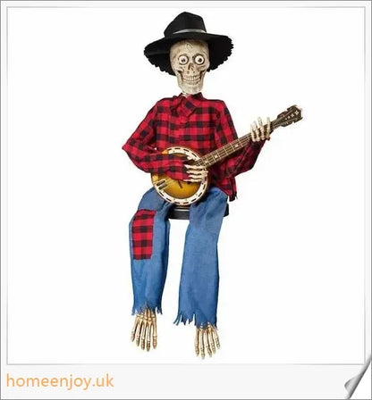 A pair of animated skeleton figures playing duelling banjos with glowing eyes, perfect for Halloween decor.