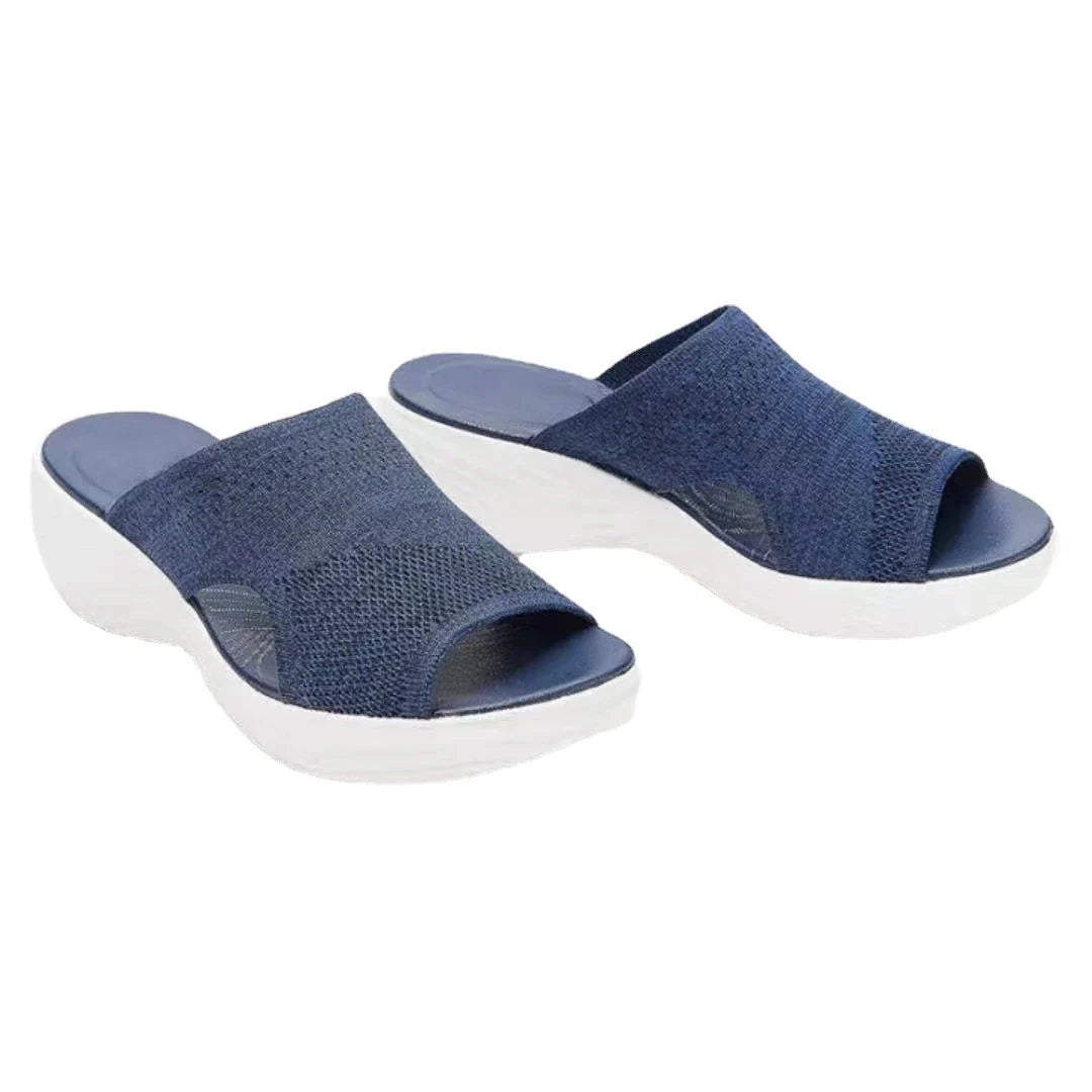 Women's casual platform sandals with woven upper and polyurethane sole in blue, grey, and pink colours