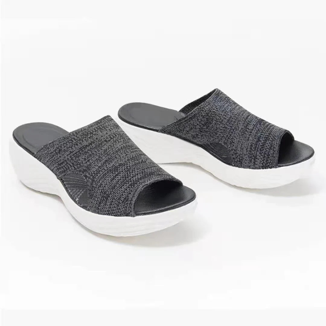 Women's casual platform sandals with woven upper and polyurethane sole in blue, grey, and pink colours