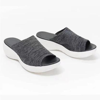 Women's casual platform sandals with woven upper and polyurethane sole in blue, grey, and pink colours