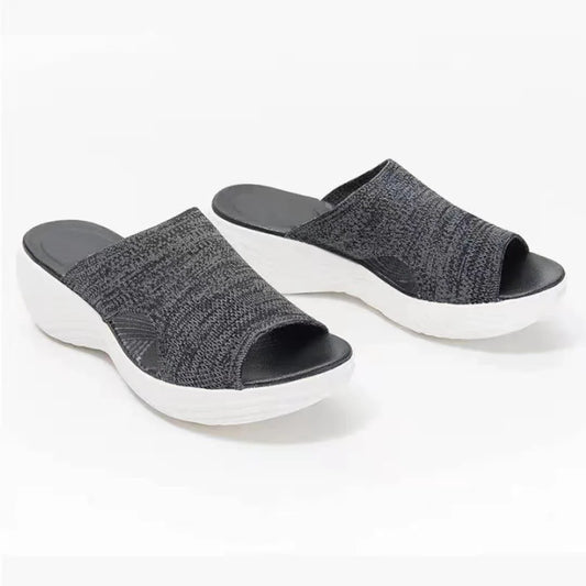 Women's casual platform sandals with woven upper and polyurethane sole in blue, grey, and pink colours