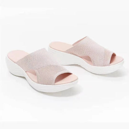Women's casual platform sandals with woven upper and polyurethane sole in blue, grey, and pink colours