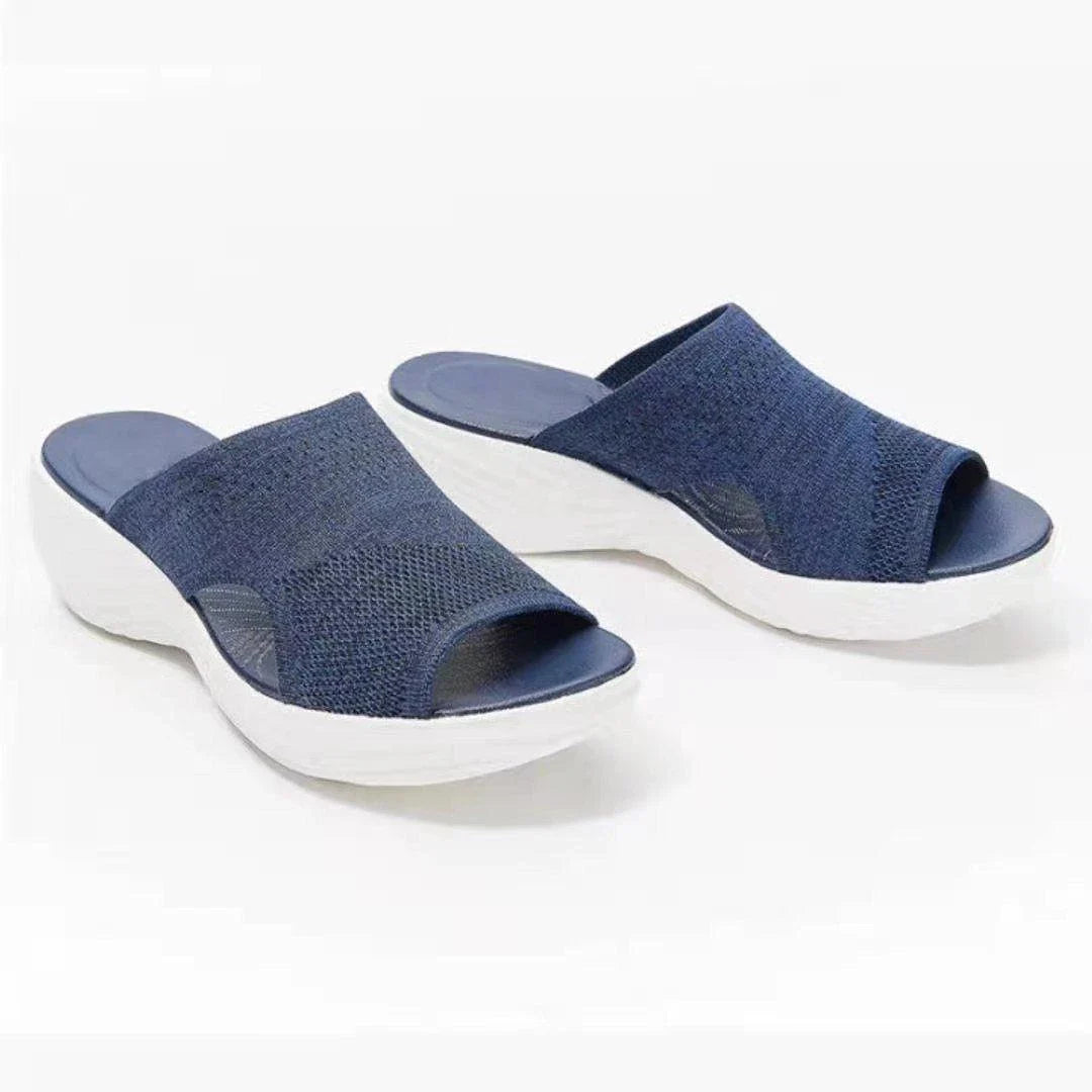 Women's casual platform sandals with woven upper and polyurethane sole in blue, grey, and pink colours