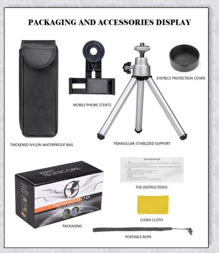 Starscope Monocular 4K with 40x magnification, smartphone holder, and tripod for high-quality outdoor photography and videography