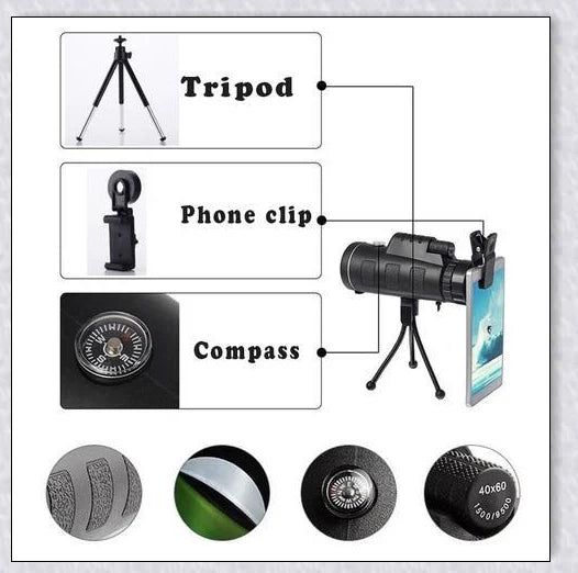 Starscope Monocular 4K with 40x magnification, smartphone holder, and tripod for high-quality outdoor photography and videography