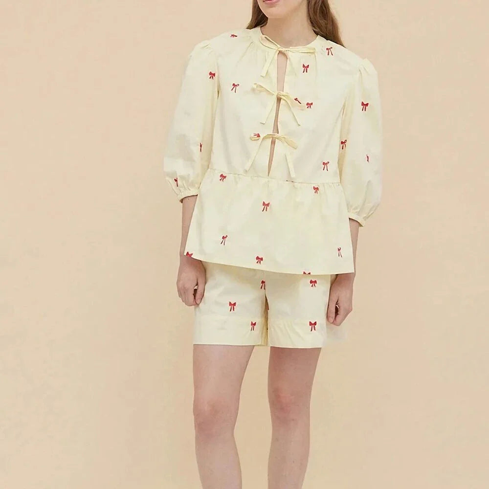A stylish Bow Embroidery Shorts Set in breathable fabric, perfect for summer outings and events.