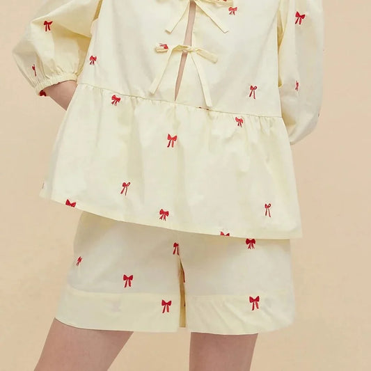 A stylish Bow Embroidery Shorts Set in breathable fabric, perfect for summer outings and events.