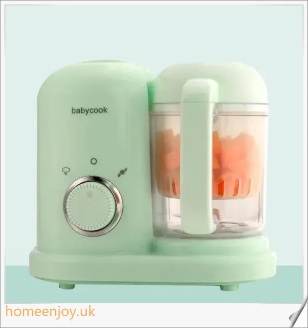 A premium white baby food processor with steaming and blending capabilities, designed for preparing homemade, nutritious baby meals.