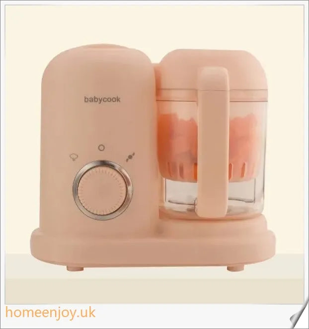 A premium white baby food processor with steaming and blending capabilities, designed for preparing homemade, nutritious baby meals.