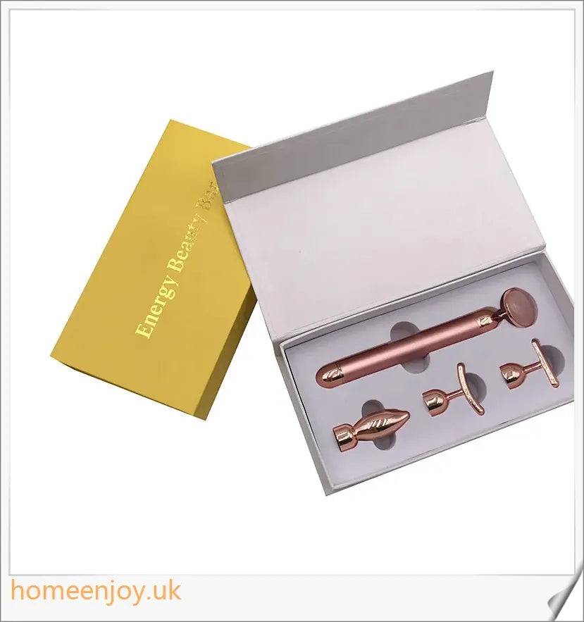 4-in-1 Vibrating Rose Quartz Face Roller for skin rejuvenation, wrinkle reduction, and improved blood circulation