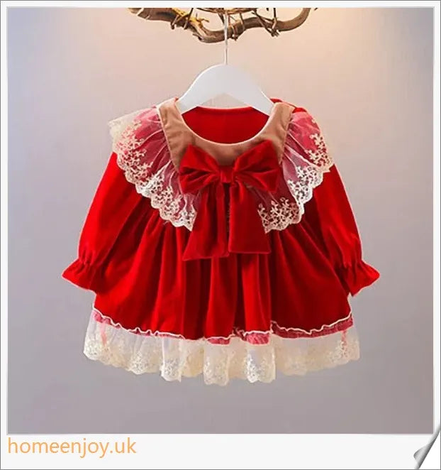 Autumn Lace Christmas Dress for Baby Girl in pink, red, and grey colours