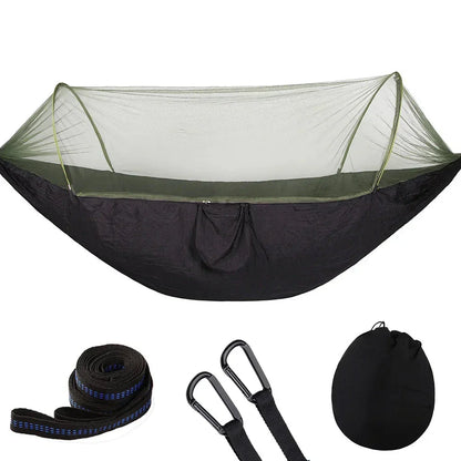 Premium portable camping hammock with integrated mosquito net in green, blue, and grey colours