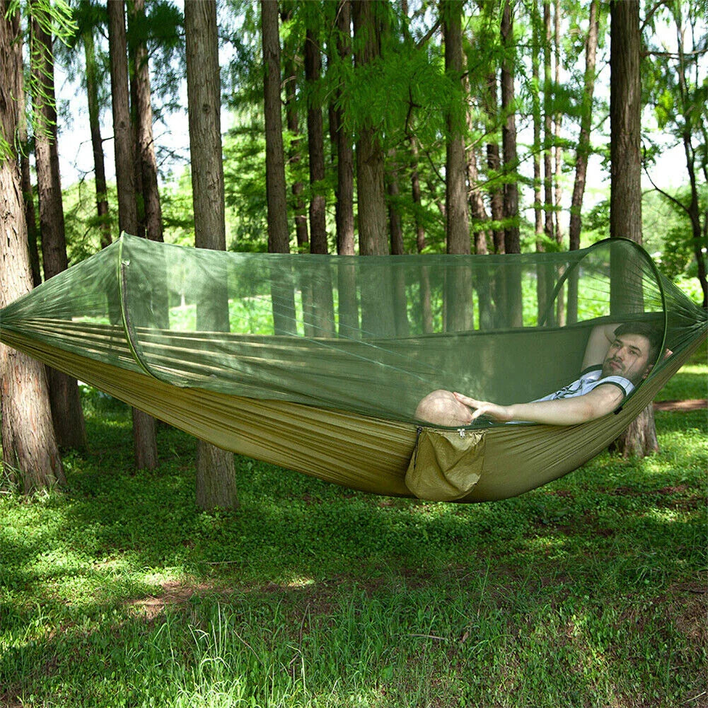 Premium portable camping hammock with integrated mosquito net in green, blue, and grey colours