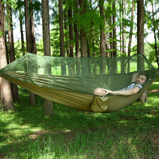 Premium portable camping hammock with integrated mosquito net in green, blue, and grey colours
