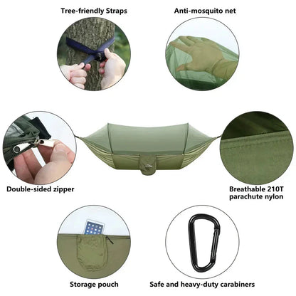 Premium portable camping hammock with integrated mosquito net in green, blue, and grey colours