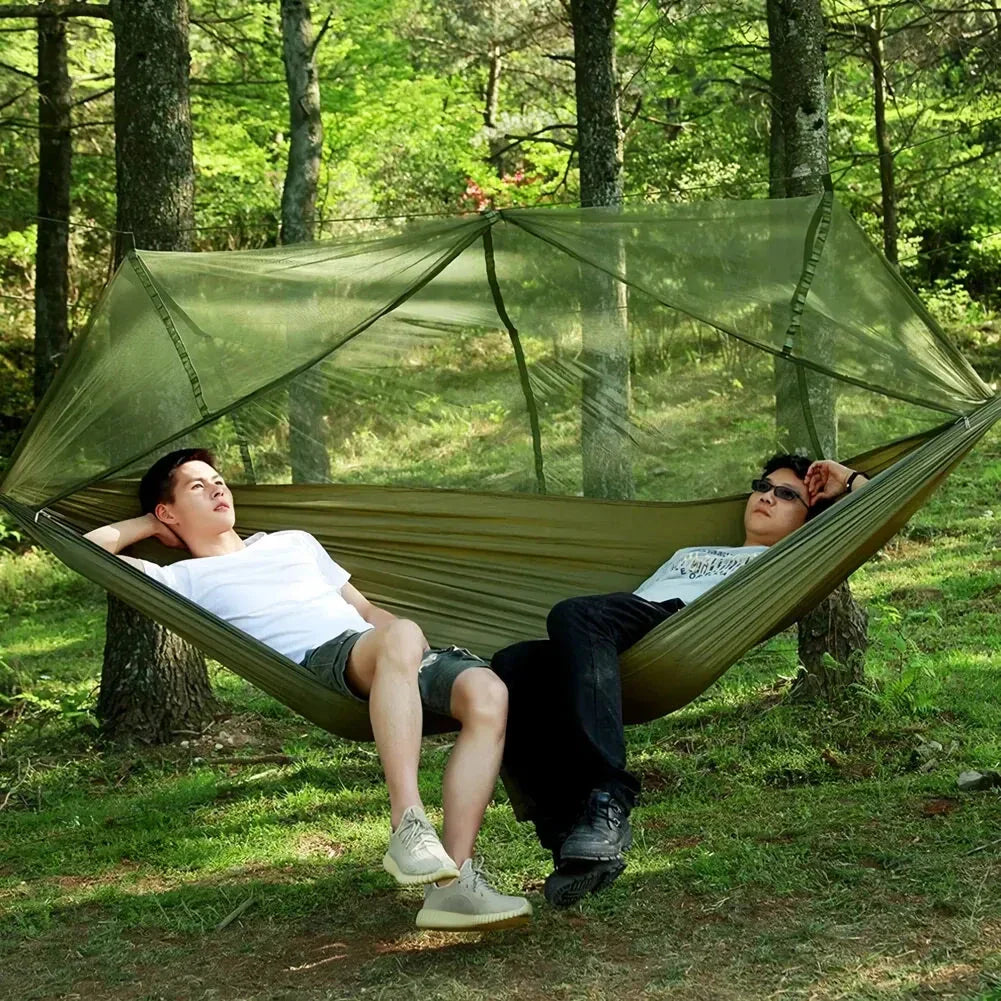Premium portable camping hammock with integrated mosquito net in green, blue, and grey colours