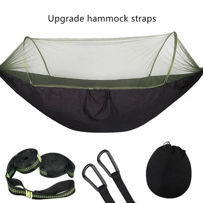 Premium portable camping hammock with integrated mosquito net in green, blue, and grey colours