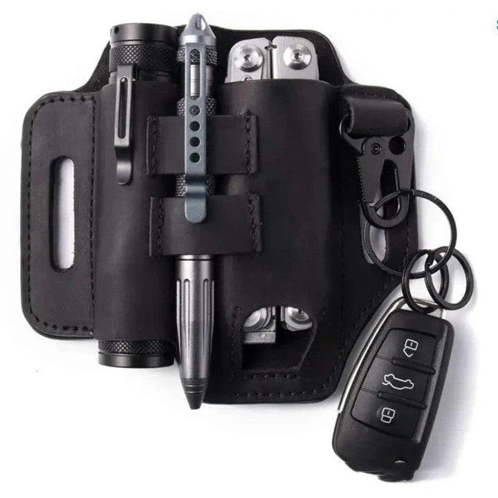 Premium leather belt carrier with multiple compartments and pockets for tool storage and organisation